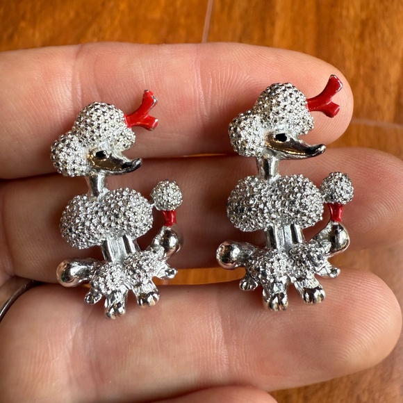 Two Vintage Mid Century Silver Tone Textured Dog Poodle W/ Red Bow Brooch/ Pins - Picture 1 of 5